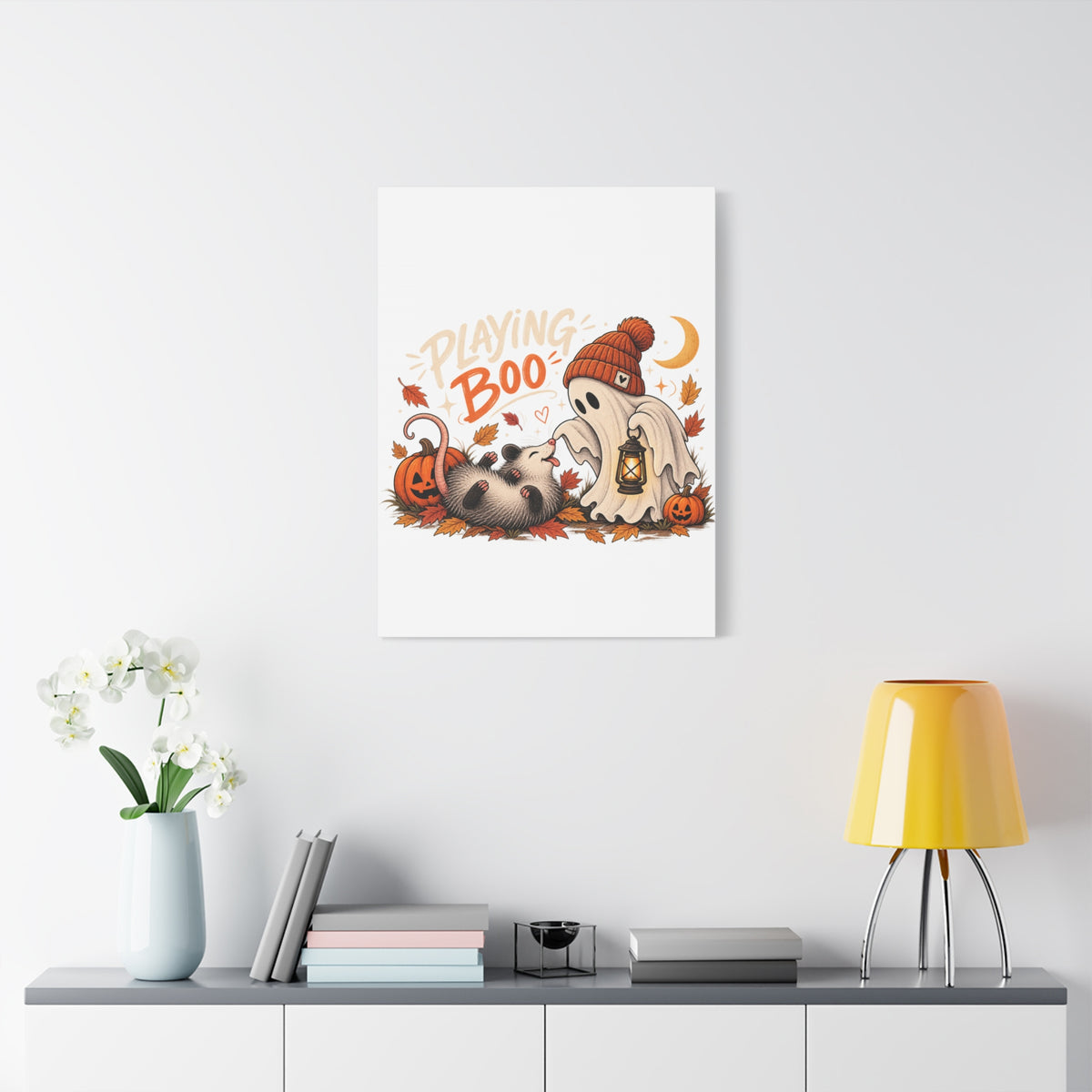 Playing Boo Canvas Wall Art — Cute Halloween Ghost & Possum Matte Stretched Print