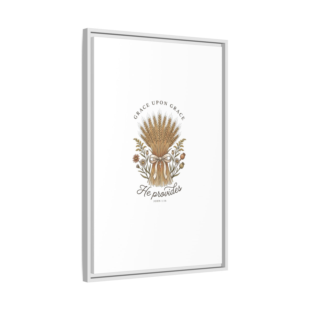 Framed Matte Canvas Wall Art — "He Provides" Wheat & Floral Religious Print