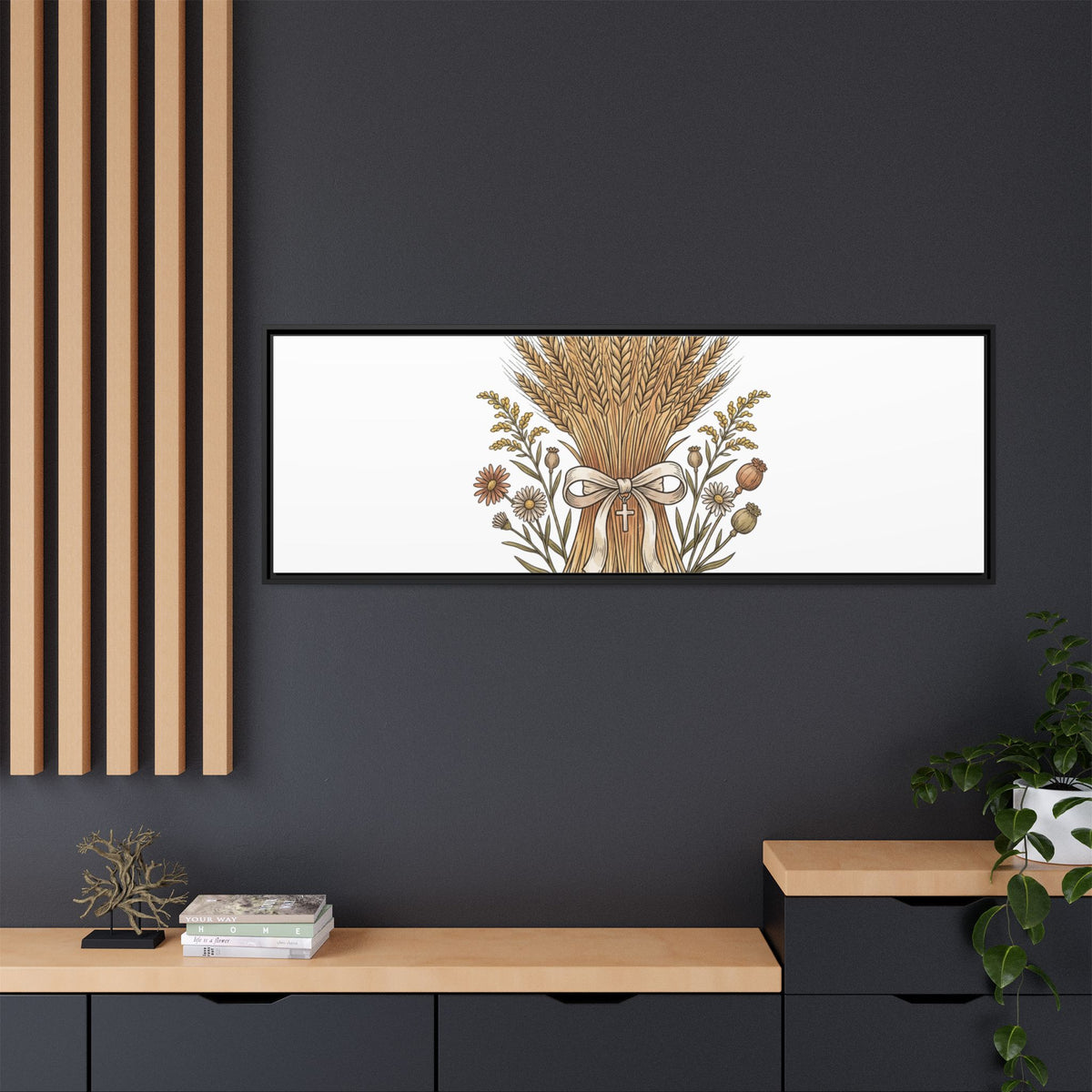 Framed Matte Canvas Wall Art — "He Provides" Wheat & Floral Religious Print