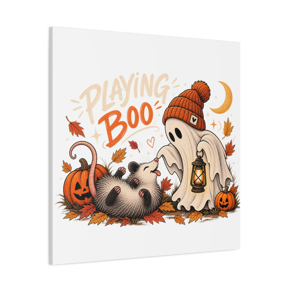 Playing Boo Canvas Wall Art — Cute Halloween Ghost & Possum Matte Stretched Print