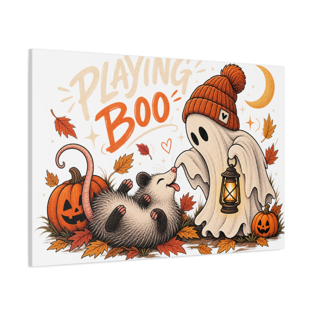 Playing Boo Canvas Wall Art — Cute Halloween Ghost & Possum Matte Stretched Print