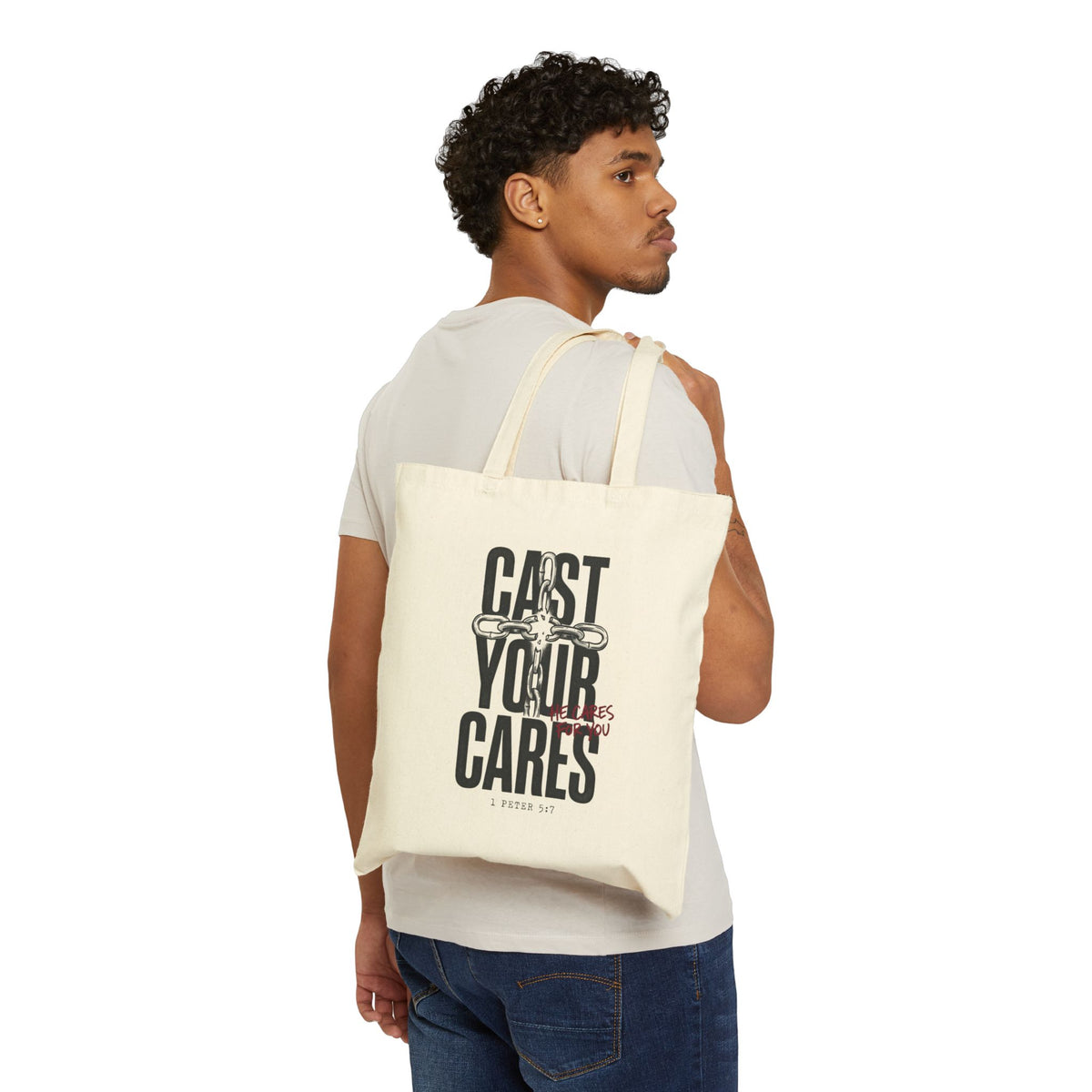 Cast Your Cares Tote | Christian Streetwear, Scripture Cross Graphic