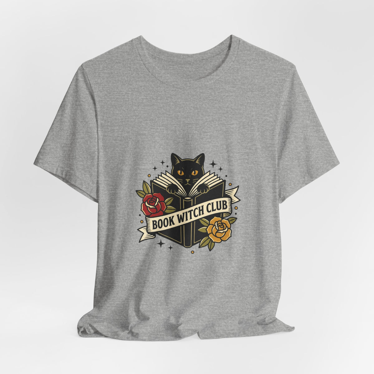 Book Witch Club tee | Traditional tattoo flash cat, roses, banner