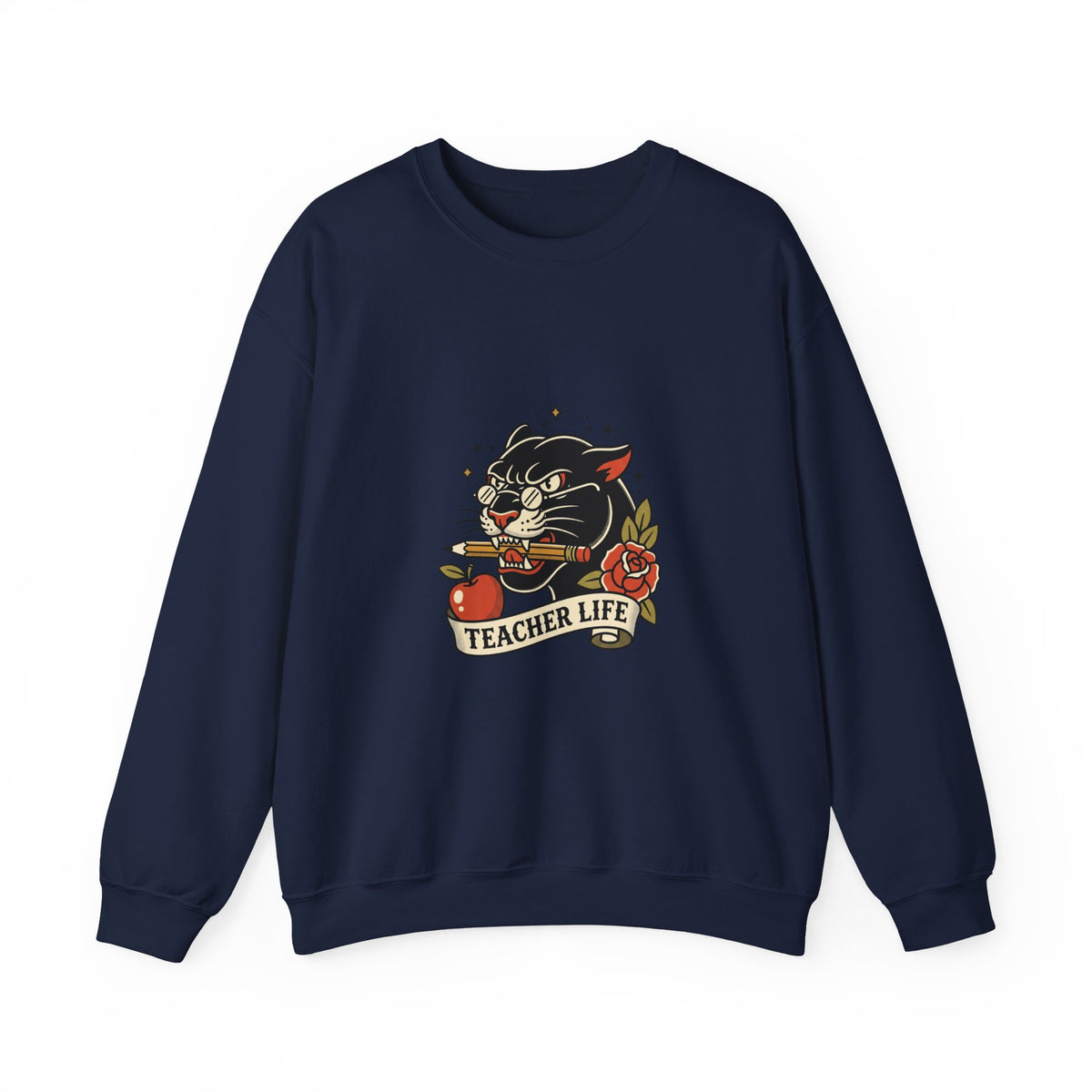 Teacher Life Sweatshirt | Traditional Tattoo Cat, Banner & Roses