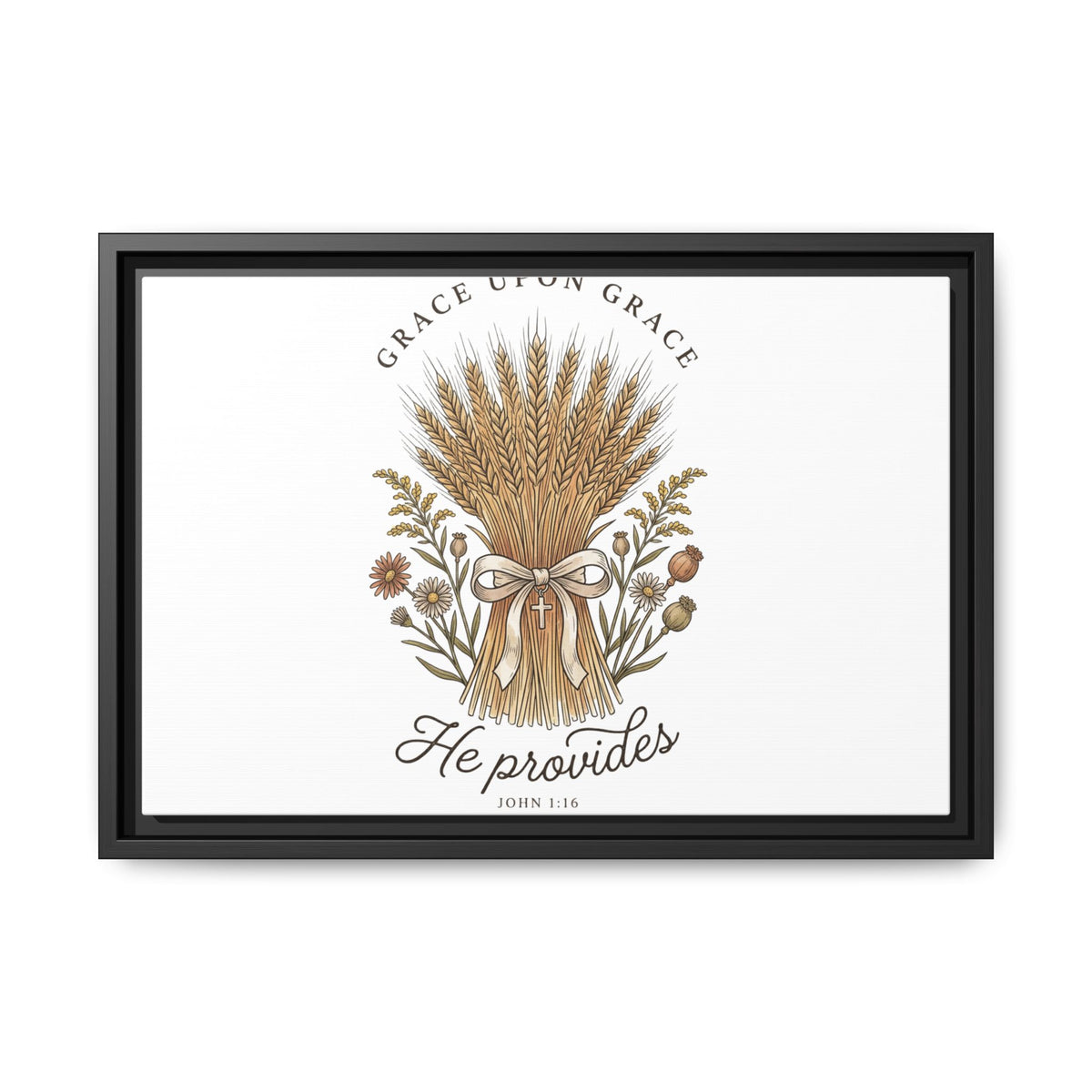 Framed Matte Canvas Wall Art — "He Provides" Wheat & Floral Religious Print