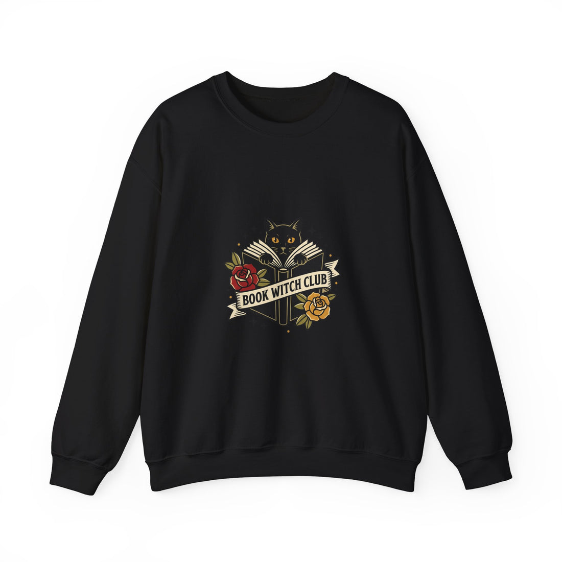 Book Witch Club sweatshirt | Traditional Tattoo style, vintage flash cat & roses