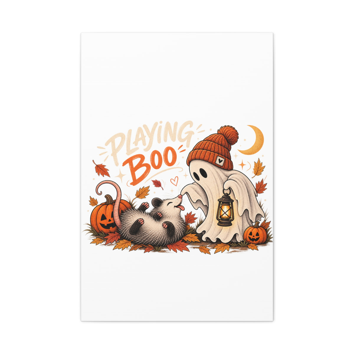 Playing Boo Canvas Wall Art — Cute Halloween Ghost & Possum Matte Stretched Print