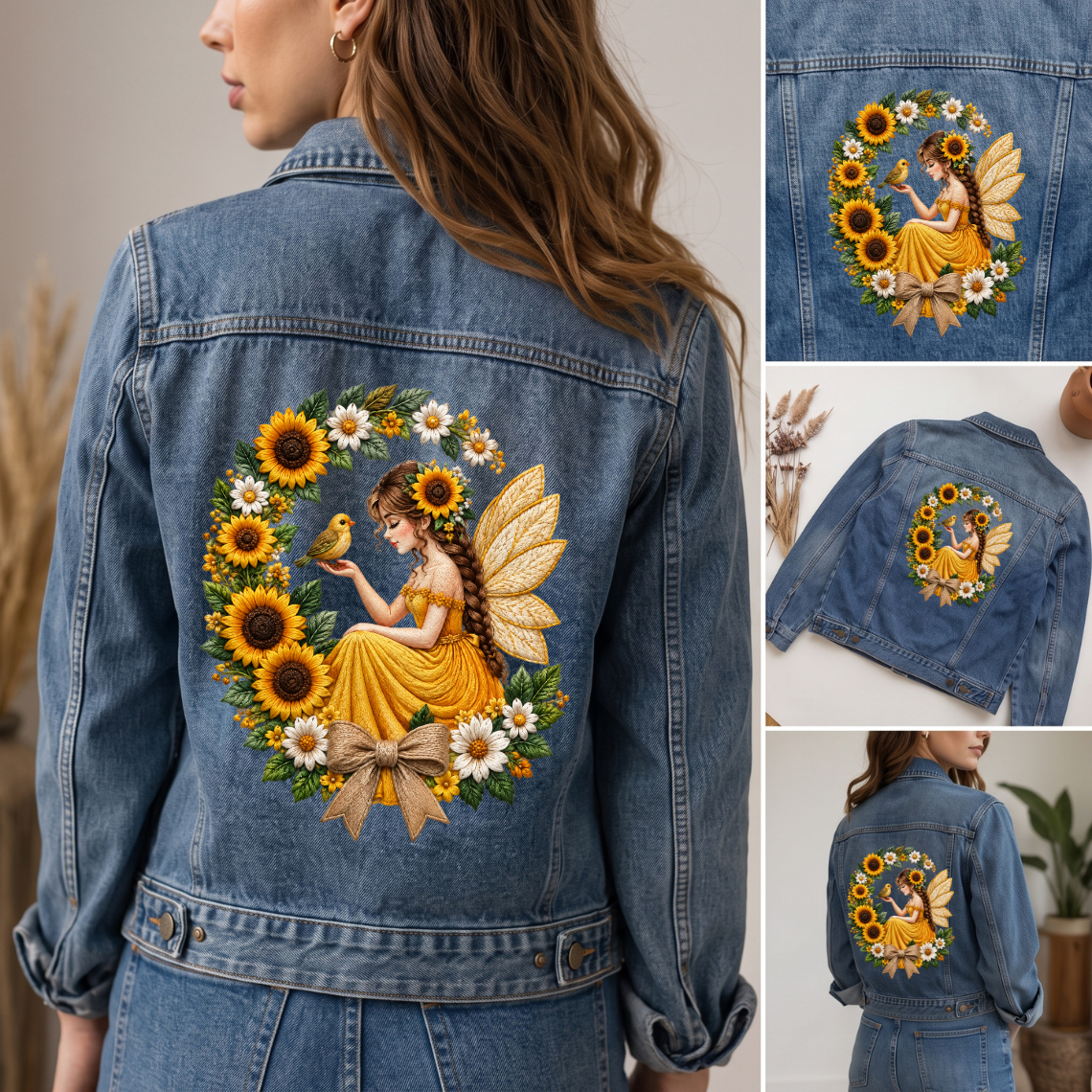 Sunflower Fairy with Bird and Floral Wreath Embroidery Design