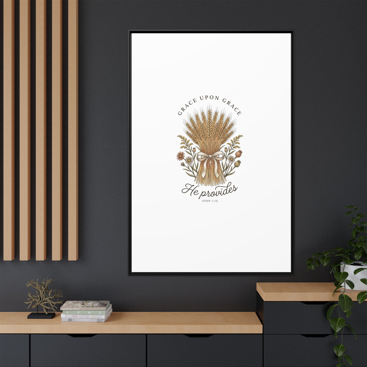 Framed Matte Canvas Wall Art — "He Provides" Wheat & Floral Religious Print
