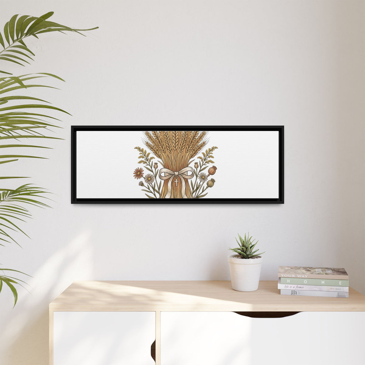 Framed Matte Canvas Wall Art — "He Provides" Wheat & Floral Religious Print