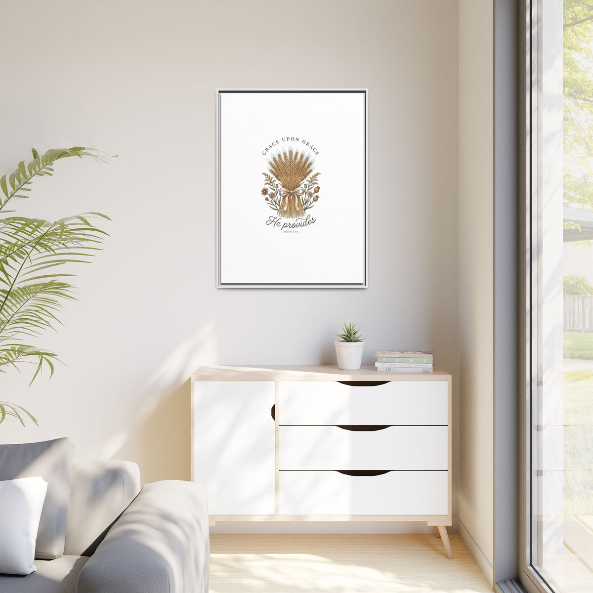 Framed Matte Canvas Wall Art — "He Provides" Wheat & Floral Religious Print