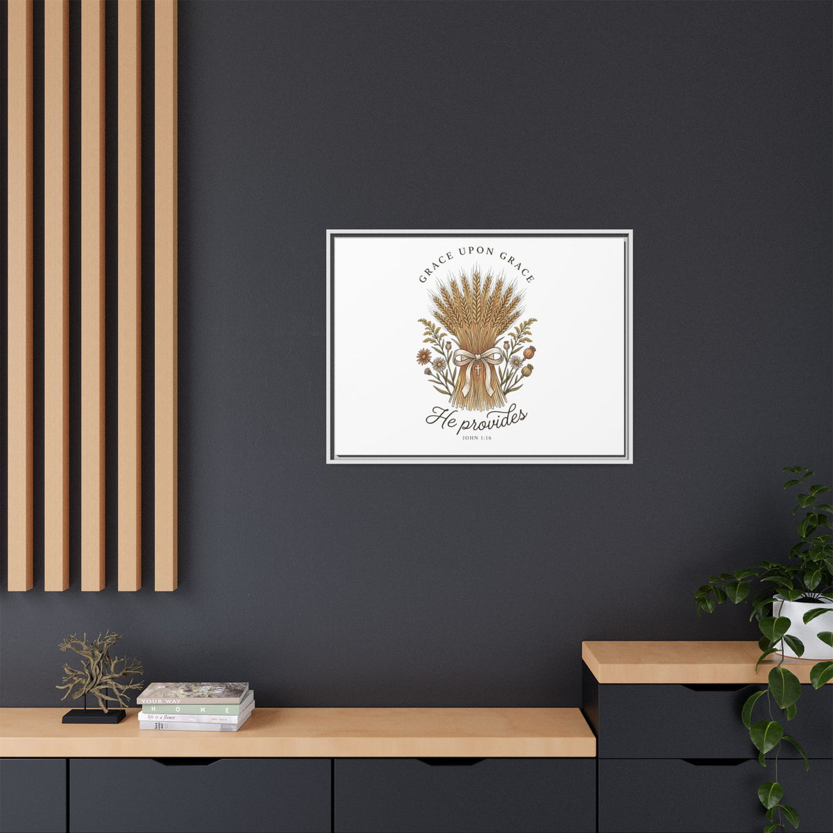Framed Matte Canvas Wall Art — "He Provides" Wheat & Floral Religious Print