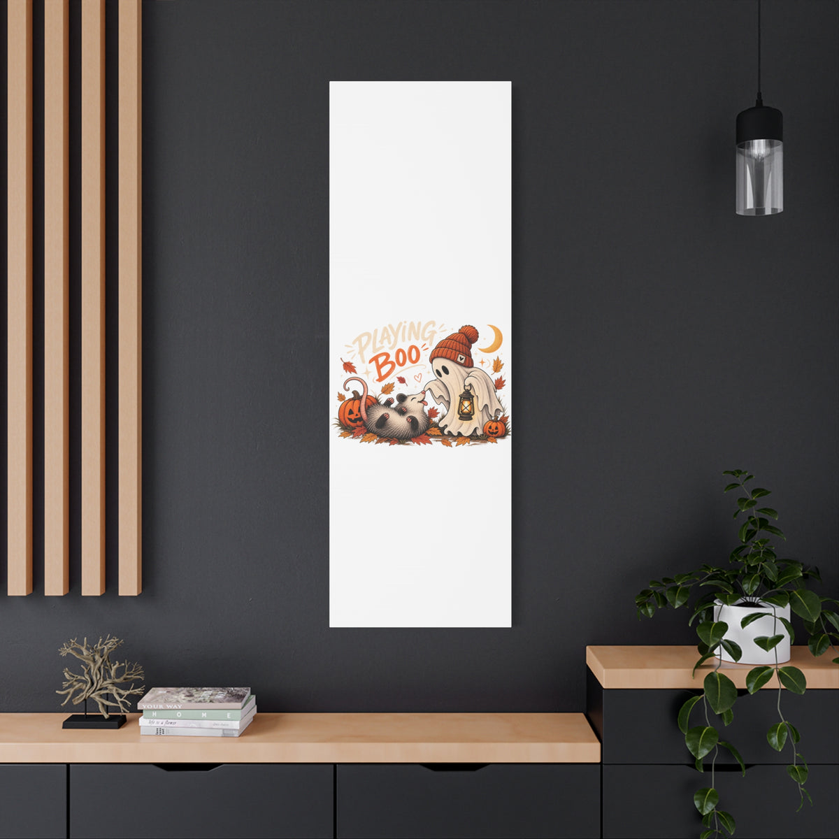 Playing Boo Canvas Wall Art — Cute Halloween Ghost & Possum Matte Stretched Print