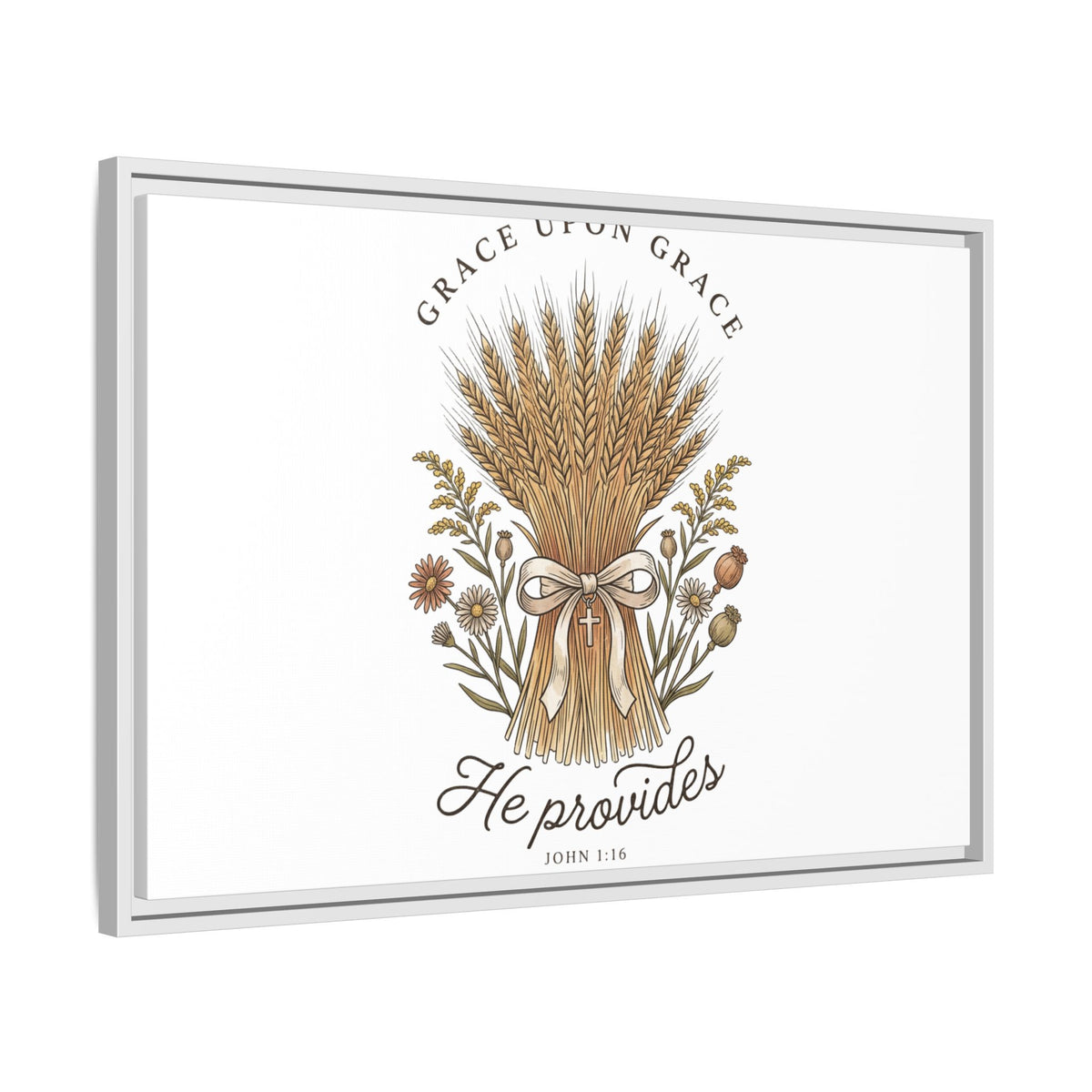Framed Matte Canvas Wall Art — "He Provides" Wheat & Floral Religious Print