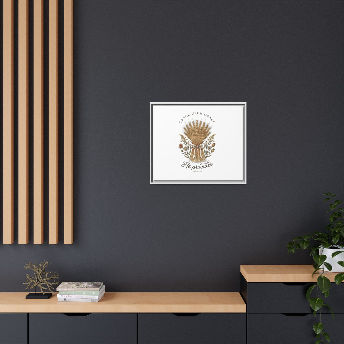 Framed Matte Canvas Wall Art — "He Provides" Wheat & Floral Religious Print