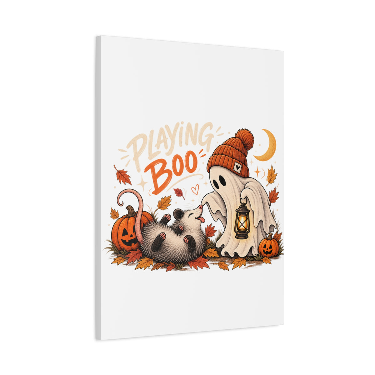 Playing Boo Canvas Wall Art — Cute Halloween Ghost & Possum Matte Stretched Print