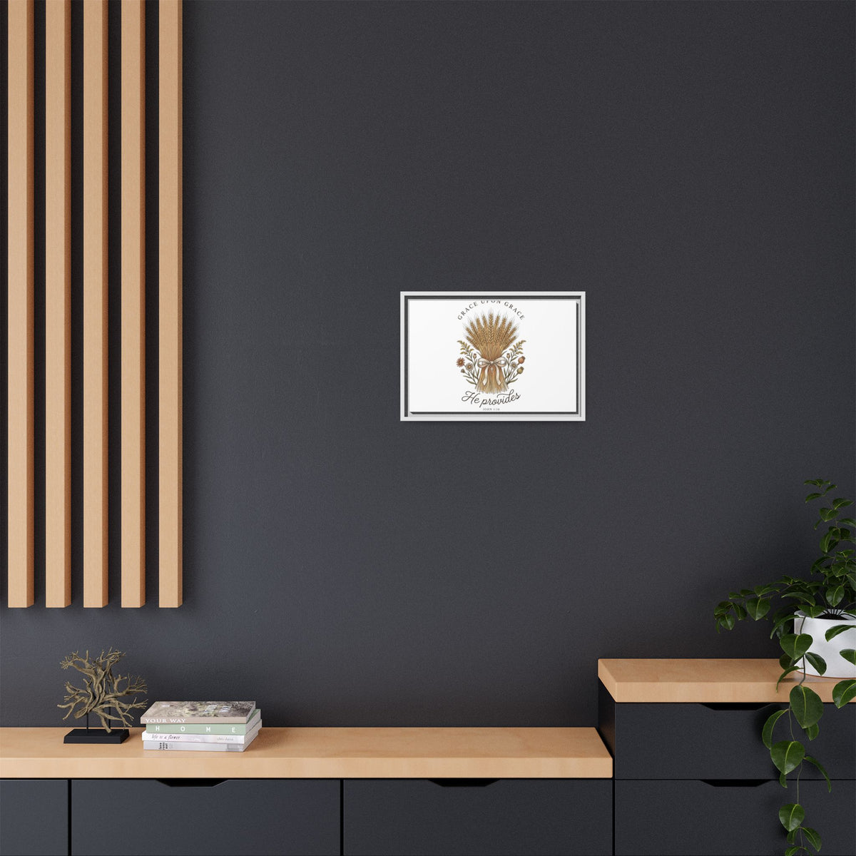 Framed Matte Canvas Wall Art — "He Provides" Wheat & Floral Religious Print