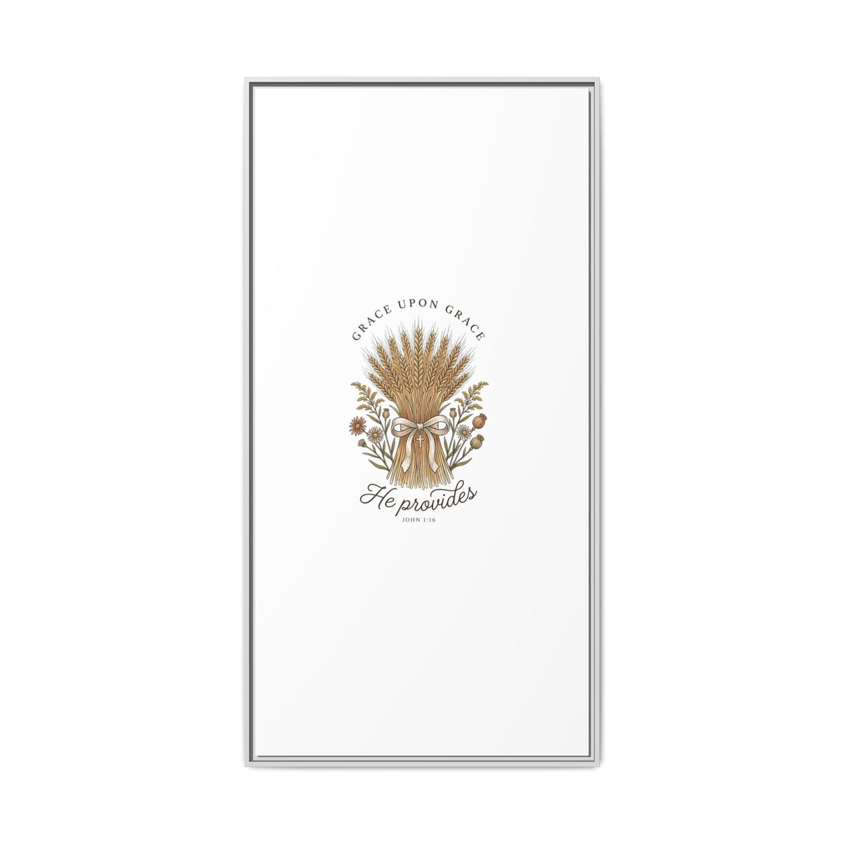 Framed Matte Canvas Wall Art — "He Provides" Wheat & Floral Religious Print
