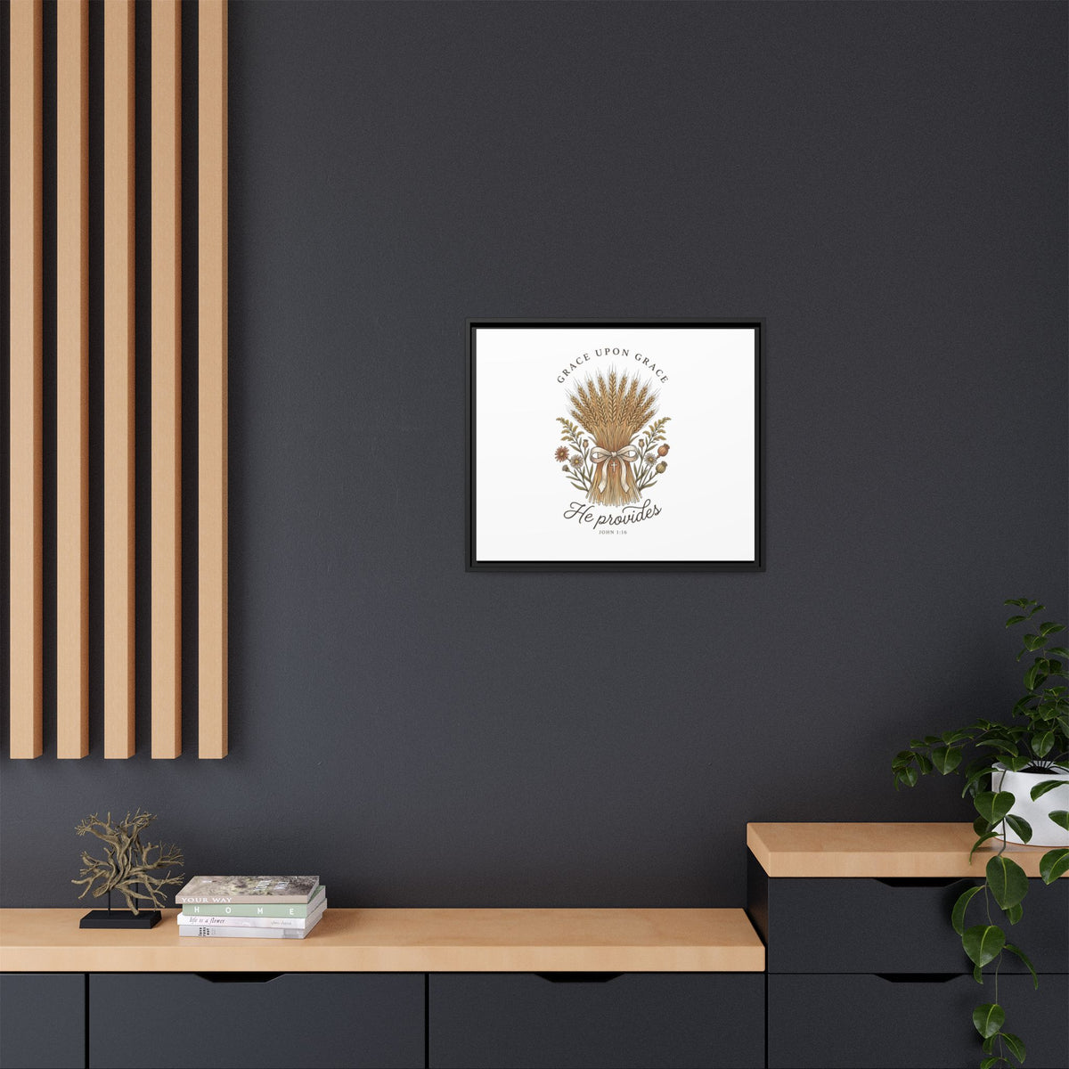 Framed Matte Canvas Wall Art — "He Provides" Wheat & Floral Religious Print