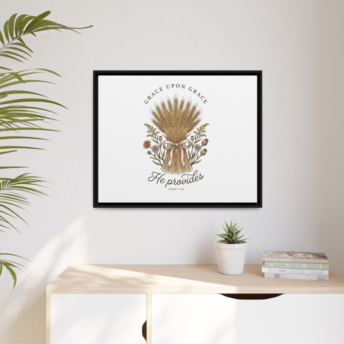 Framed Matte Canvas Wall Art — "He Provides" Wheat & Floral Religious Print