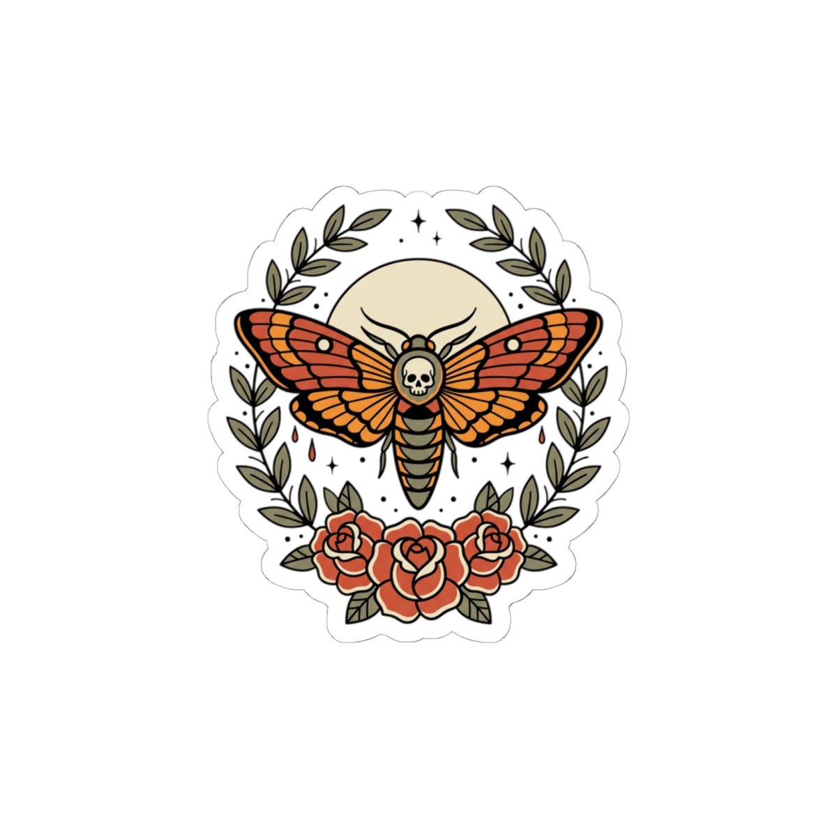Death's-Head Moth Kiss-Cut Sticker | Traditional Tattoo Floral Flash