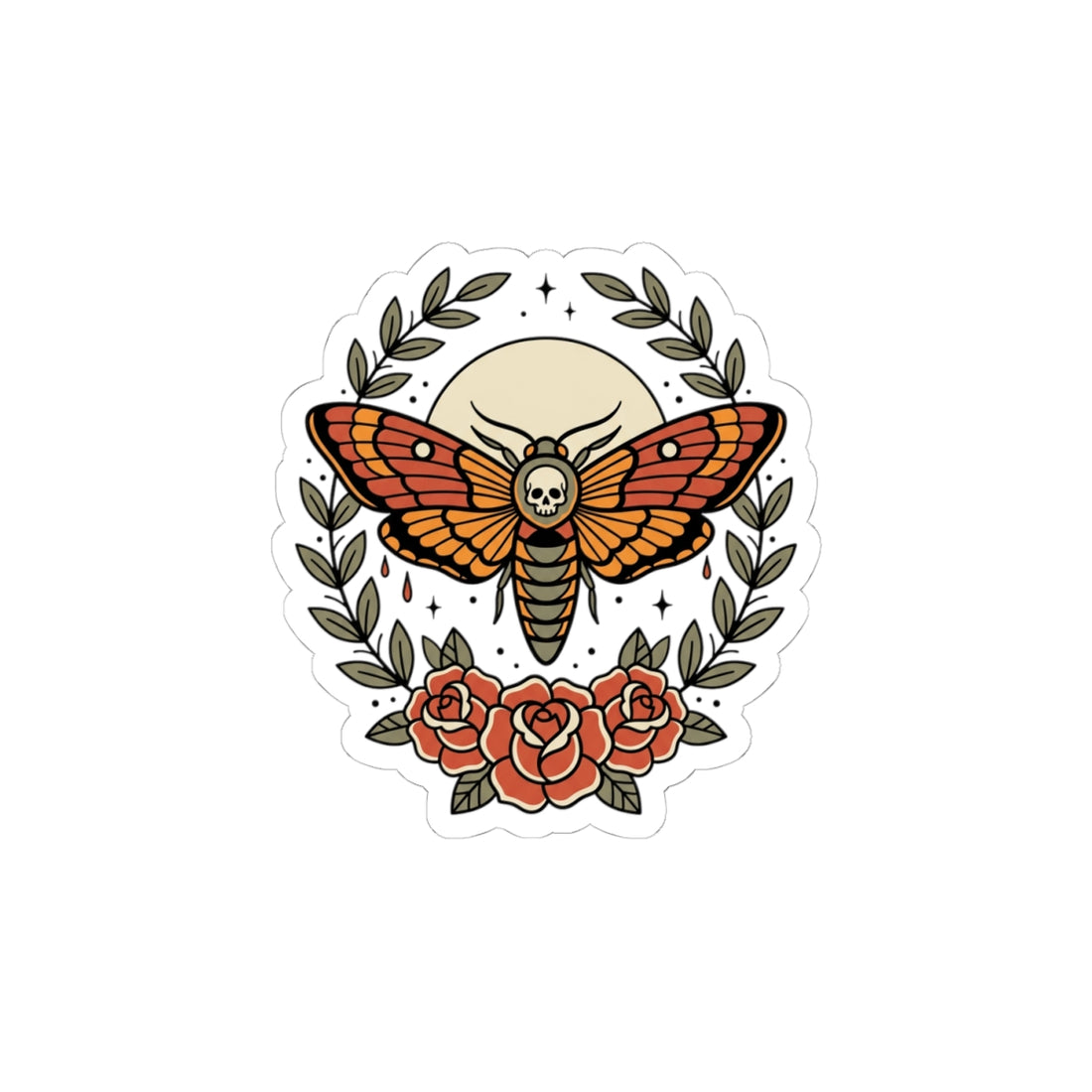 Death's-Head Moth Kiss-Cut Sticker | Traditional Tattoo Floral Flash