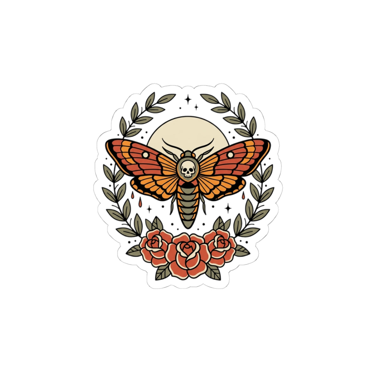 Death's-Head Moth Kiss-Cut Sticker | Traditional Tattoo Floral Flash