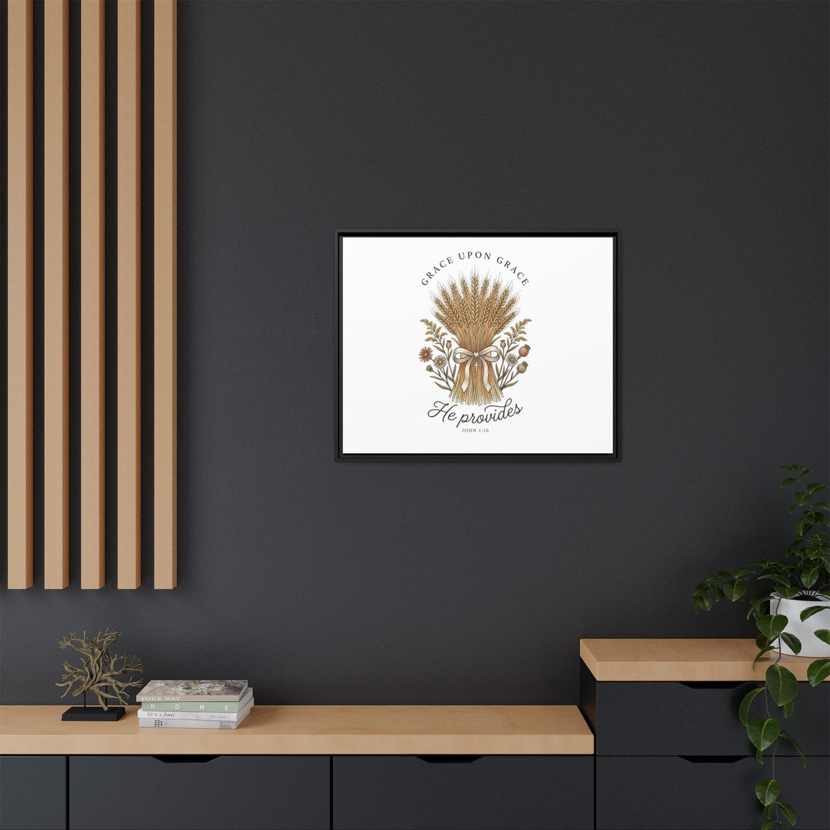Framed Matte Canvas Wall Art — "He Provides" Wheat & Floral Religious Print