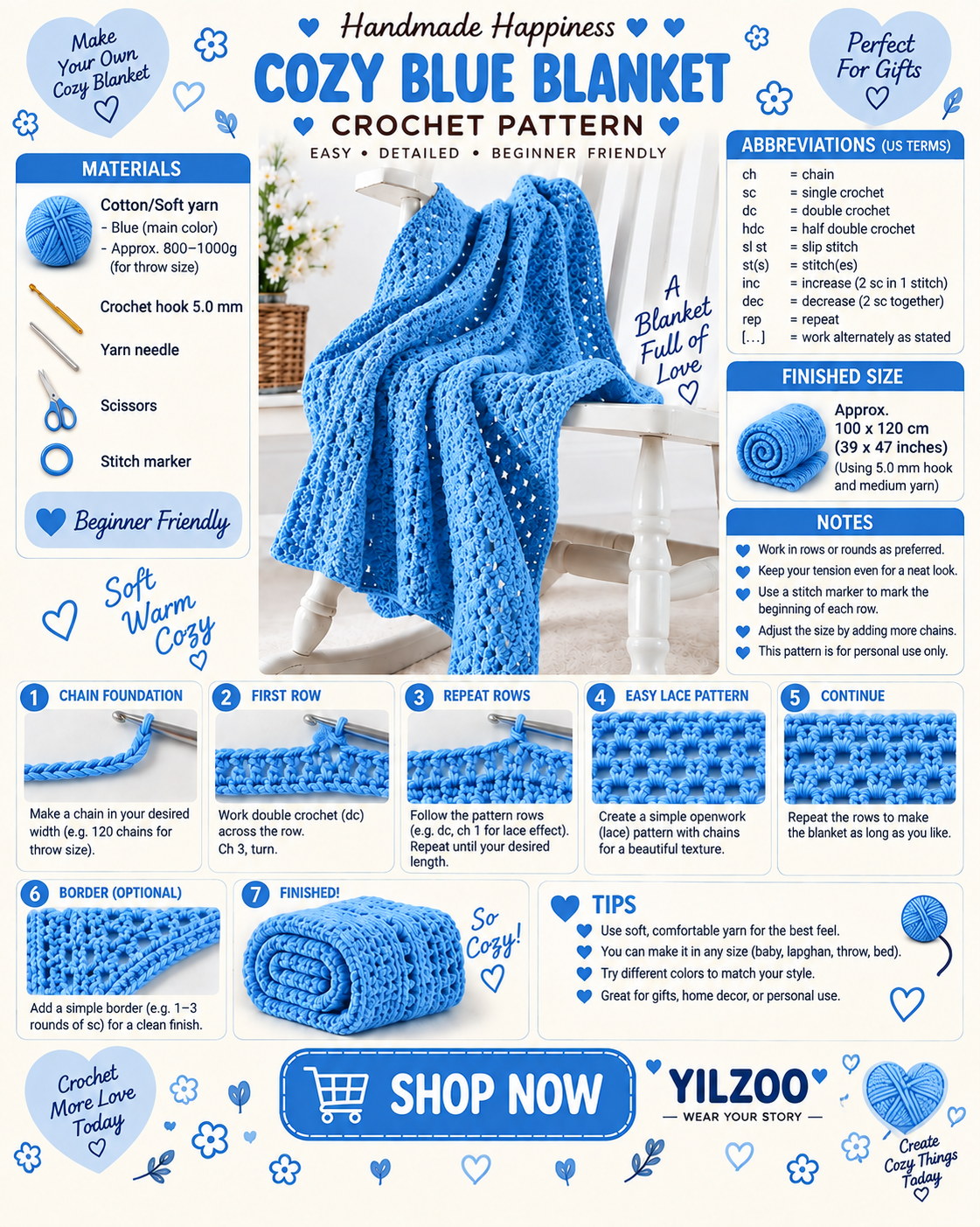 Blue Crochet Baby Blanket Pattern PDF | Cozy Baby Blanket Crochet Pattern | DIY Nursery Blanket