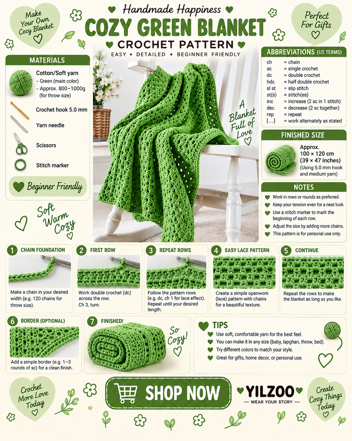 Green Crochet Baby Blanket Pattern PDF | Textured Baby Blanket Crochet Pattern | DIY Crochet