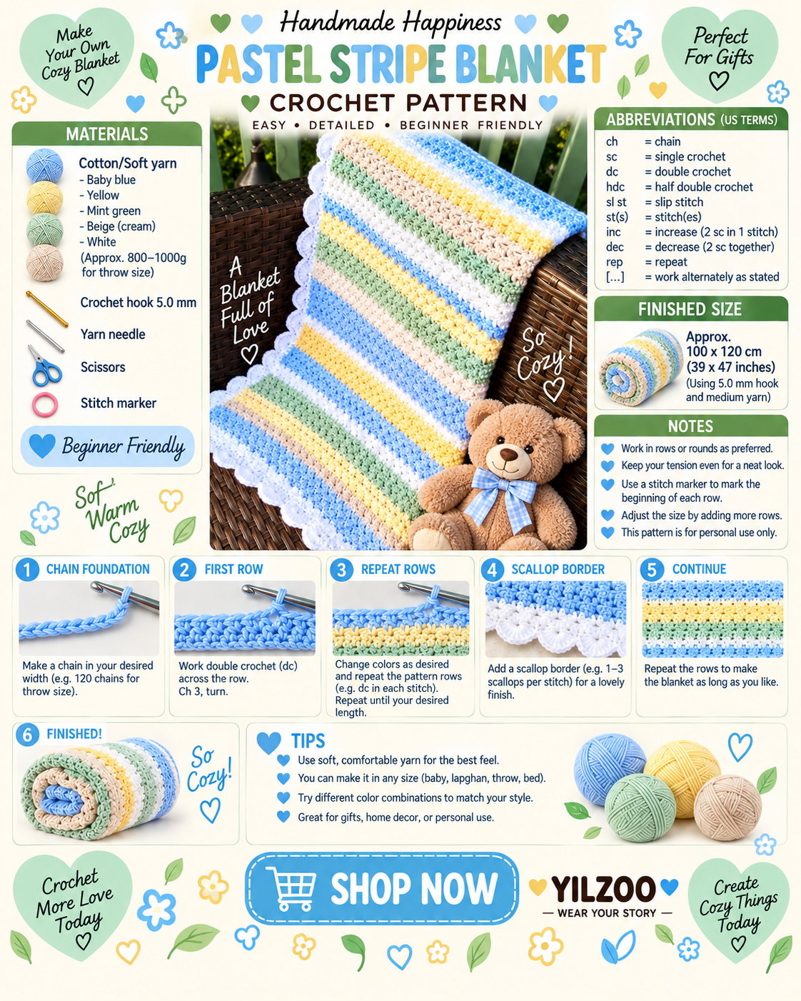 Crochet Baby Blanket Pattern PDF | Blue & Green Striped Baby Blanket | DIY Crochet Pattern