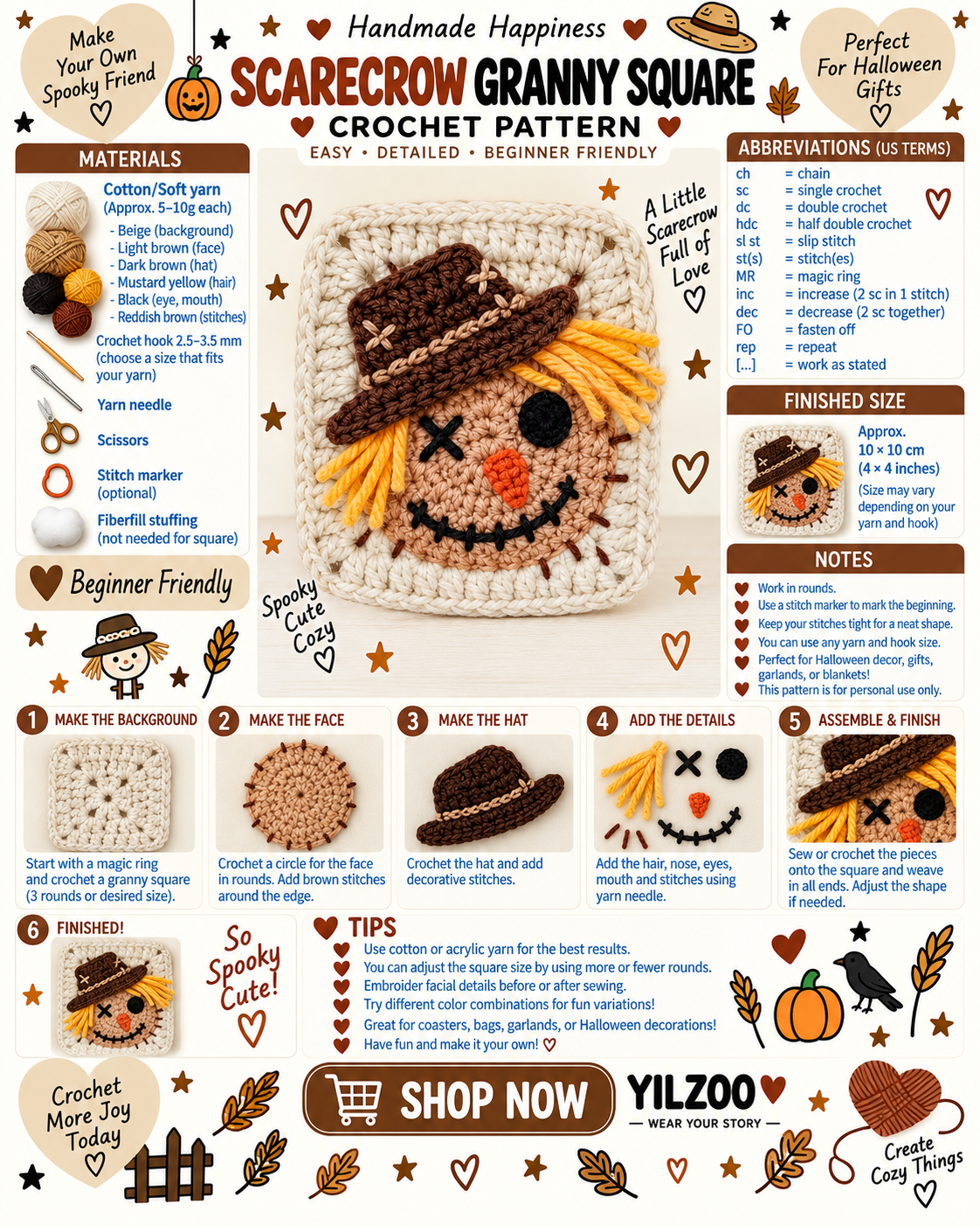 Halloween Granny Square Crochet Pattern PDF | Scarecrow Crochet Square | Fall Crochet