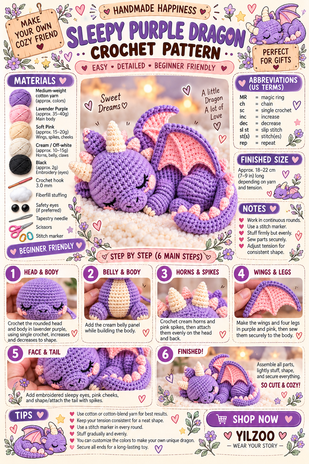 Baby Dragon Crochet Pattern PDF | Cute Dragon Amigurumi | Fantasy Crochet - Yilzoo
