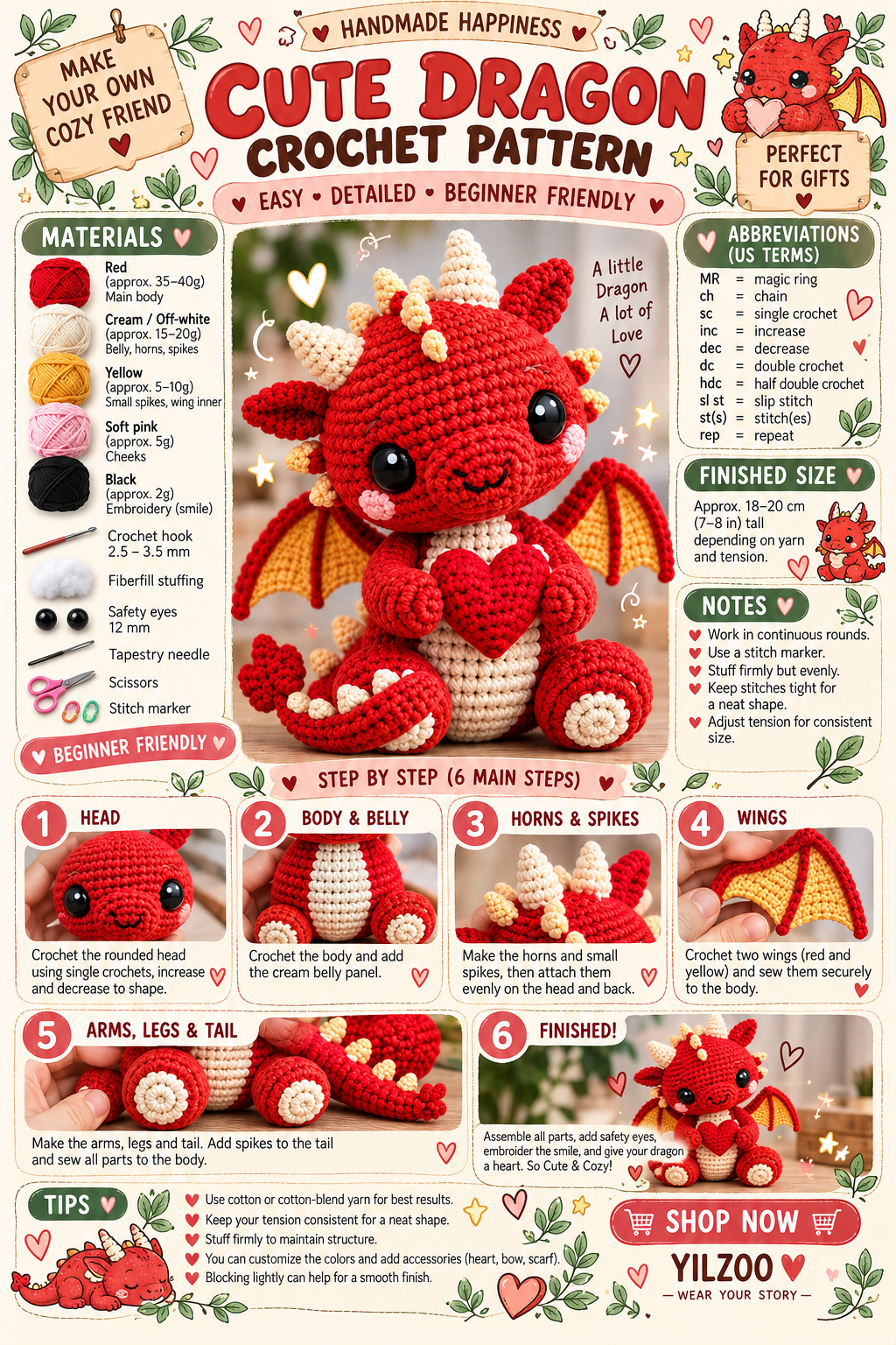 Cute Dragon Crochet Pattern PDF | Baby Dragon Amigurumi | Fantasy Crochet - Yilzoo