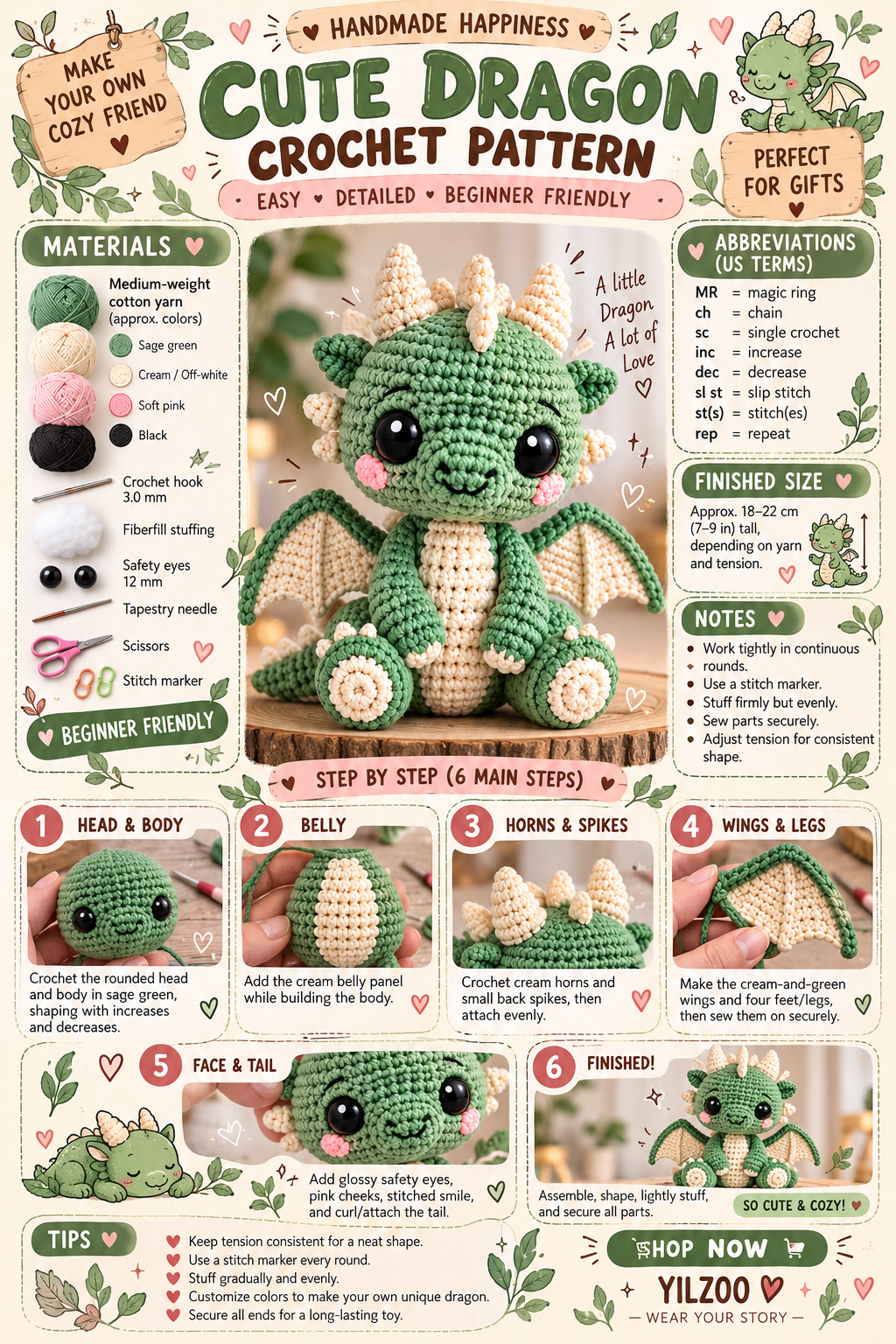 Baby Dragon Amigurumi Crochet Pattern PDF | Cute Fantasy Dragon | DIY Crochet - Yilzoo