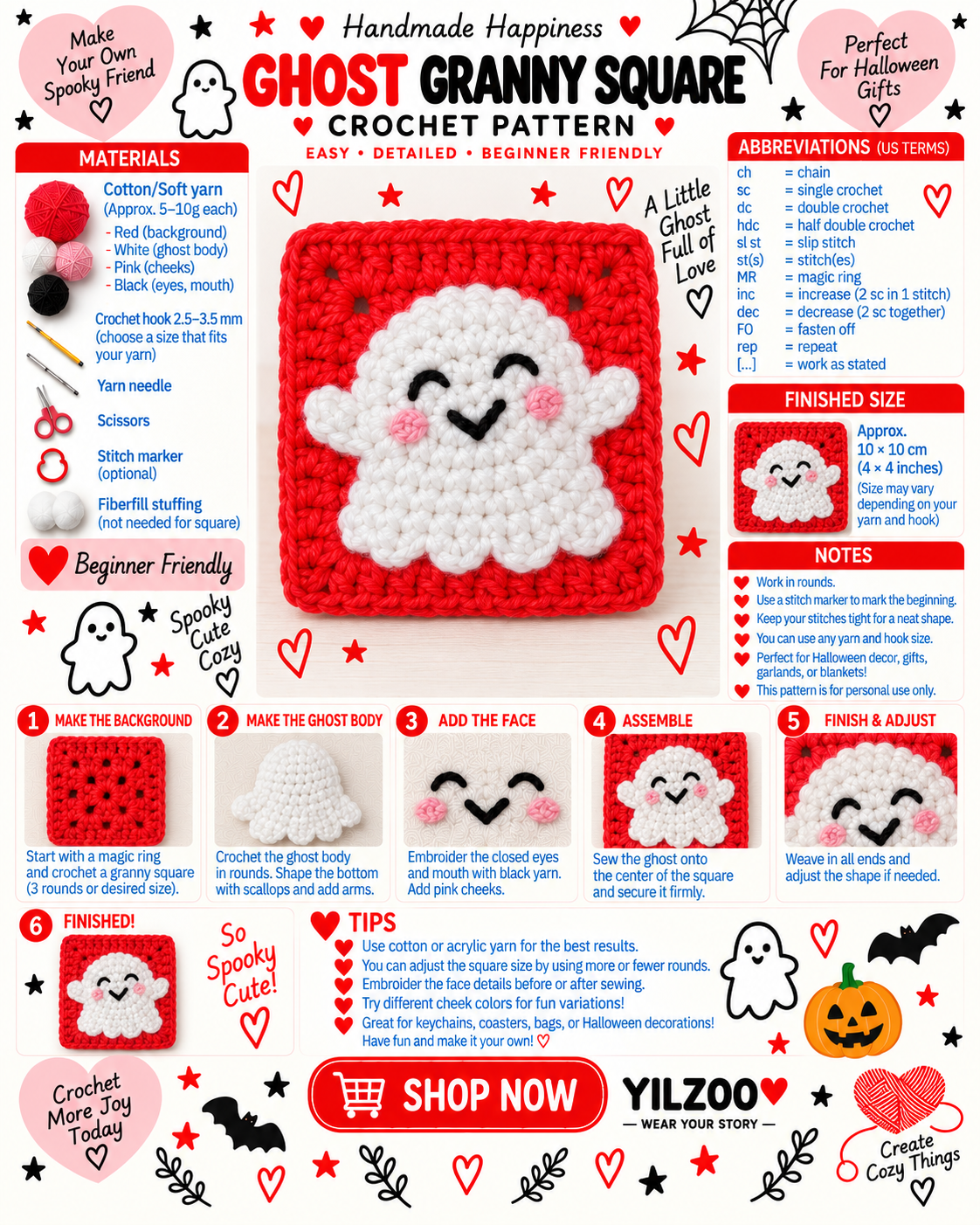 Cute Ghost Granny Square Pattern PDF | Halloween Crochet Pattern | Spooky Granny Square