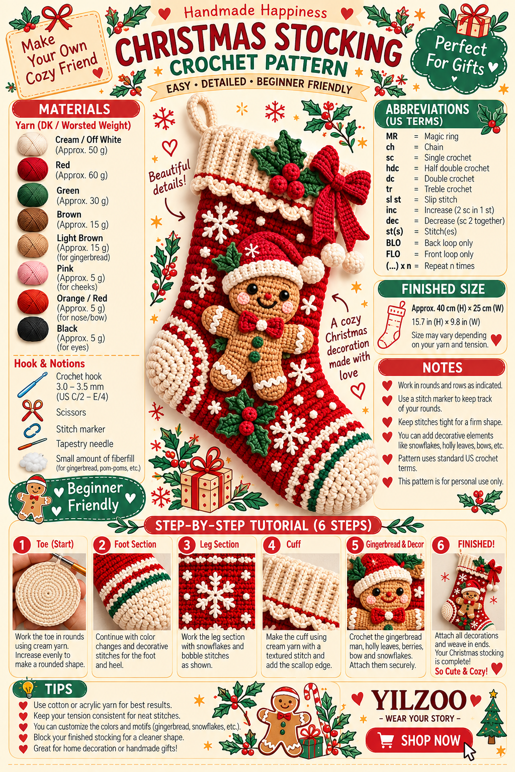 Gingerbread Christmas Stocking Crochet Pattern PDF | Holiday Stocking